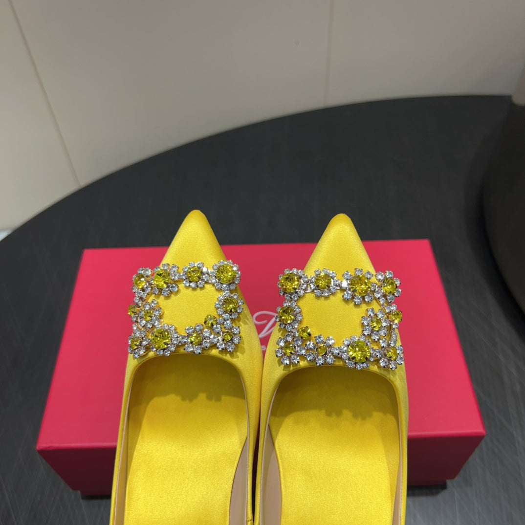 ROGER VIVIER 25S POINTED TOE HIGH HEELS 70MM IN BRIGHT YELLOW SILK EMBELLISHED CRYSTALS - 34