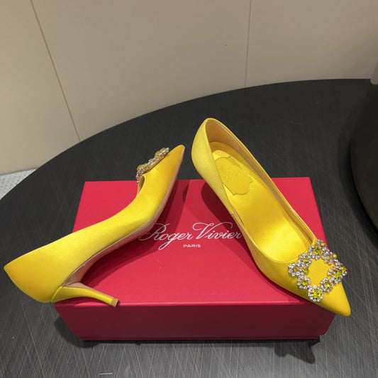 ROGER VIVIER 25S POINTED TOE HIGH HEELS 70MM IN BRIGHT YELLOW SILK EMBELLISHED CRYSTALS - 34