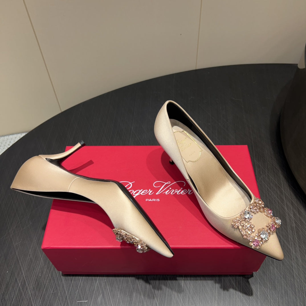 ROGER VIVIER 25S POINTED TOE HIGH HEELS 70MM IN NUDE SILK EMBELLISHED CRYSTALS - 34