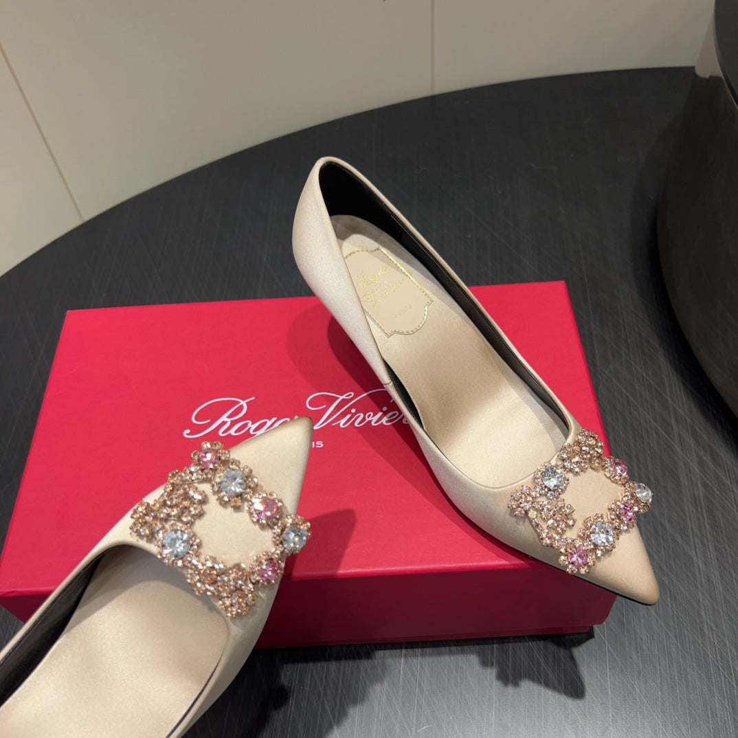 ROGER VIVIER 25S POINTED TOE HIGH HEELS 70MM IN NUDE SILK EMBELLISHED CRYSTALS - 34