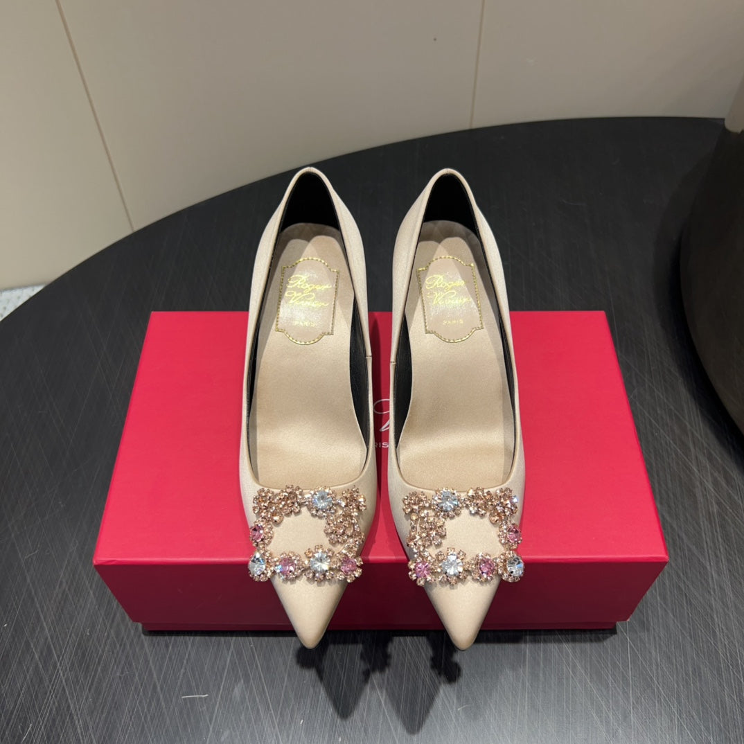 ROGER VIVIER 25S POINTED TOE HIGH HEELS 70MM IN NUDE SILK EMBELLISHED CRYSTALS - 34