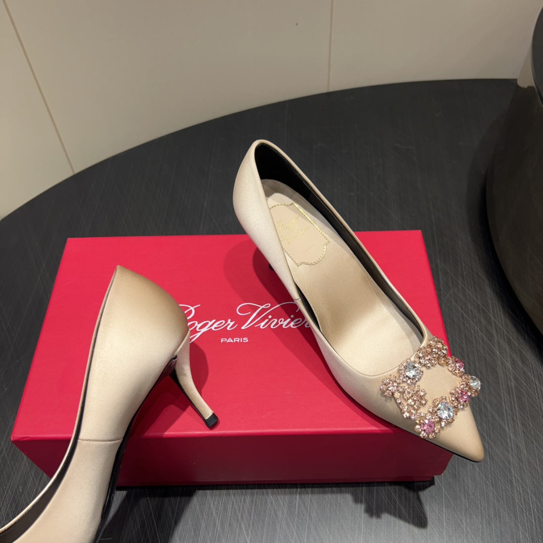ROGER VIVIER 25S POINTED TOE HIGH HEELS 70MM IN NUDE SILK EMBELLISHED CRYSTALS - 34