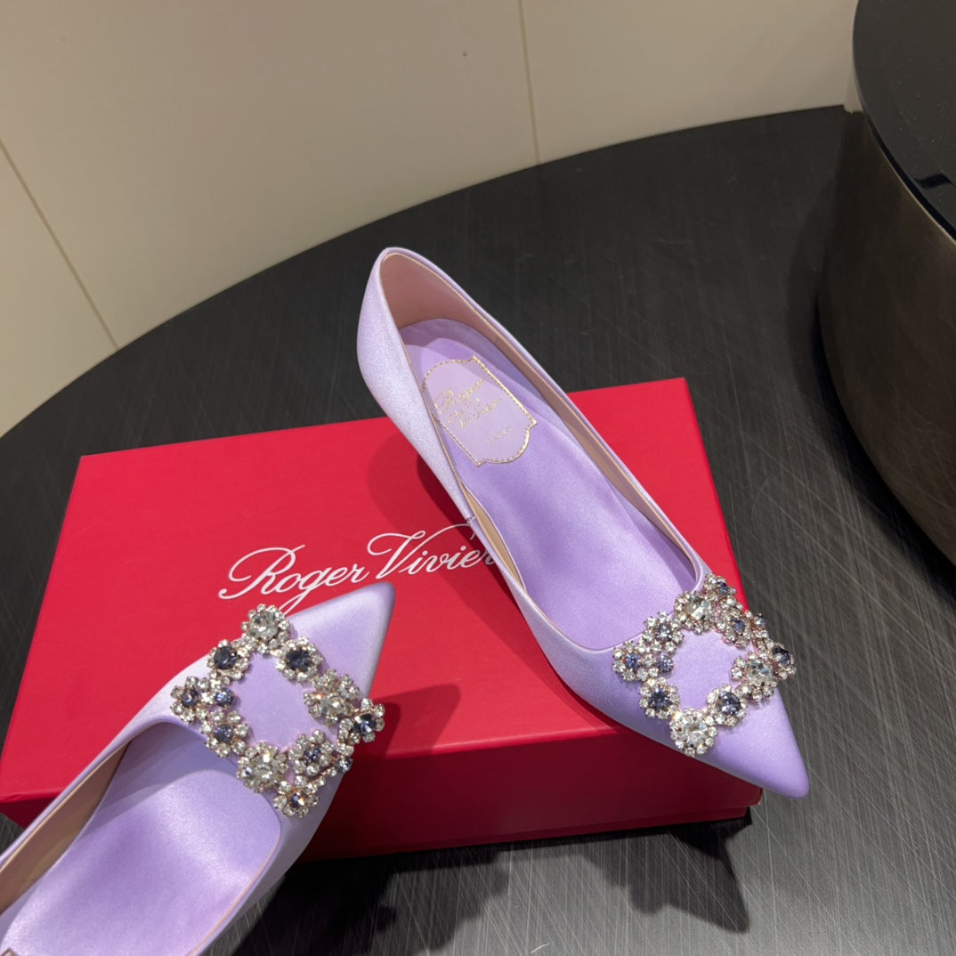 ROGER VIVIER 25S POINTED TOE HIGH HEELS 70MM IN LAVENDER SILK EMBELLISHED CRYSTALS - 34