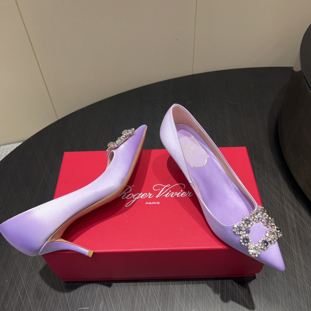 ROGER VIVIER 25S POINTED TOE HIGH HEELS 70MM IN LAVENDER SILK EMBELLISHED CRYSTALS - 34