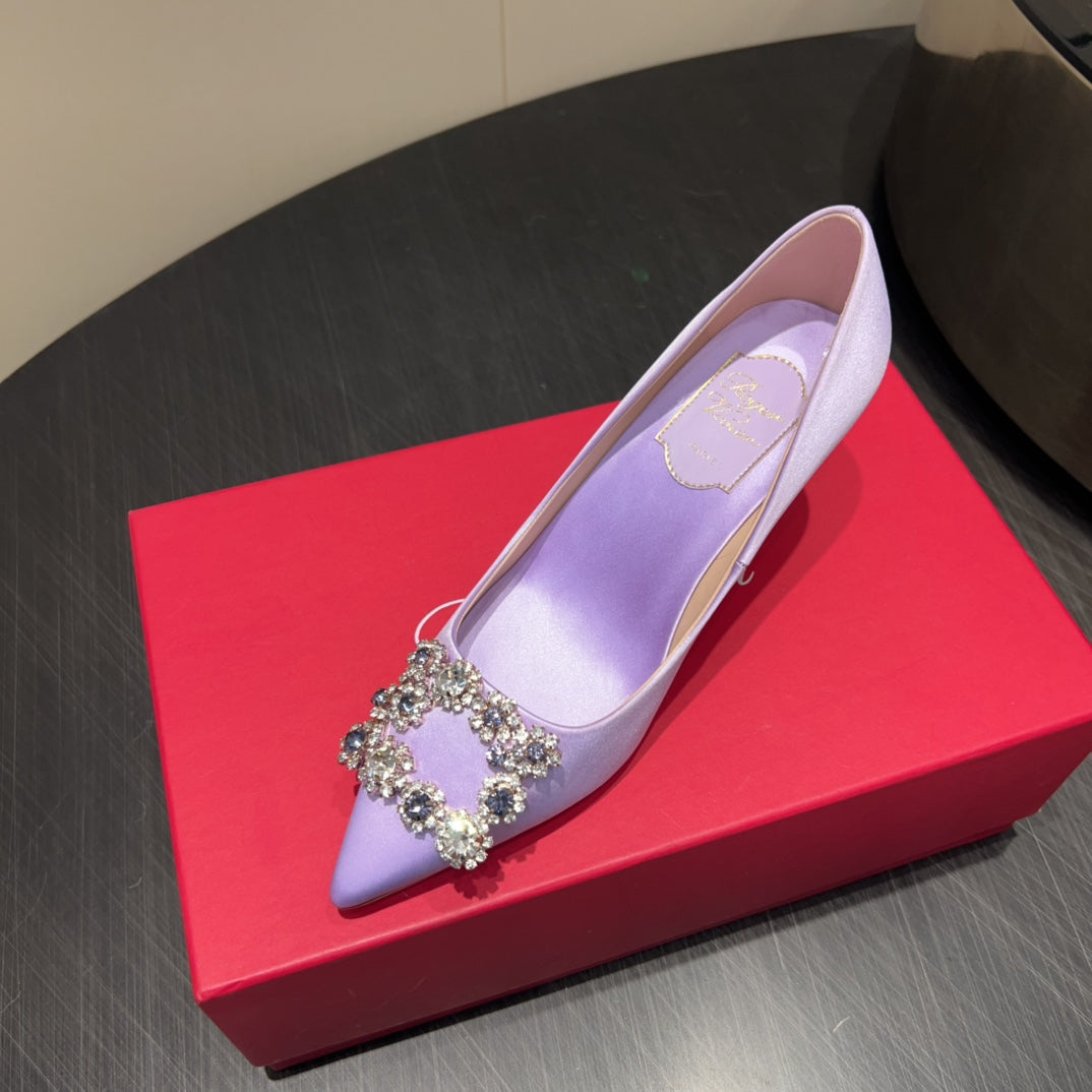 ROGER VIVIER 25S POINTED TOE HIGH HEELS 70MM IN LAVENDER SILK EMBELLISHED CRYSTALS - 34