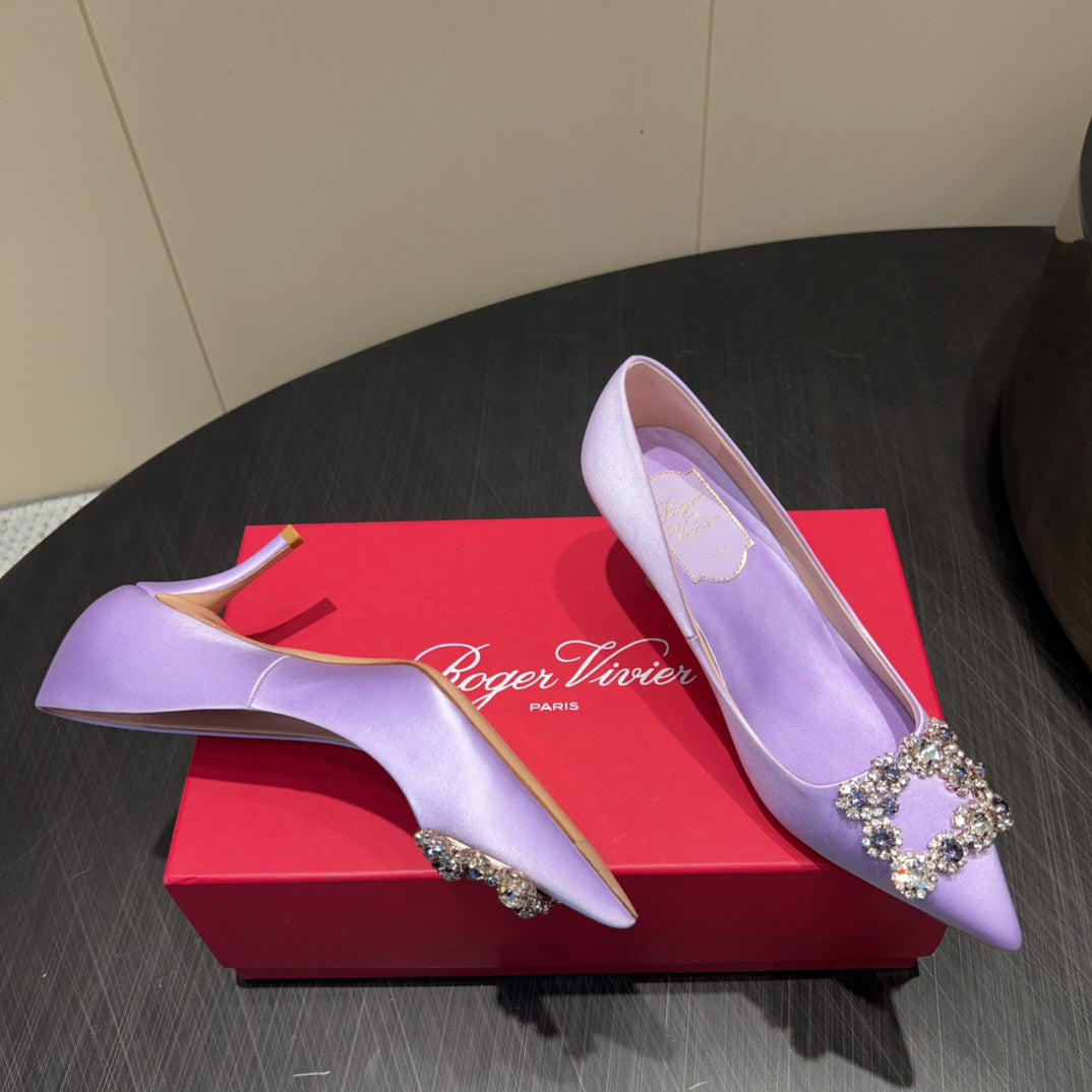 ROGER VIVIER 25S POINTED TOE HIGH HEELS 70MM IN LAVENDER SILK EMBELLISHED CRYSTALS - 34