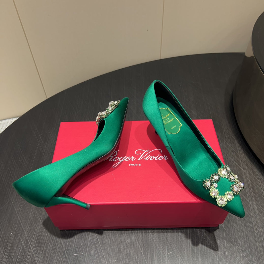 ROGER VIVIER 25S POINTED TOE HIGH HEELS 70MM IN TEAL GREEN SILK EMBELLISHED CRYSTALS - 34