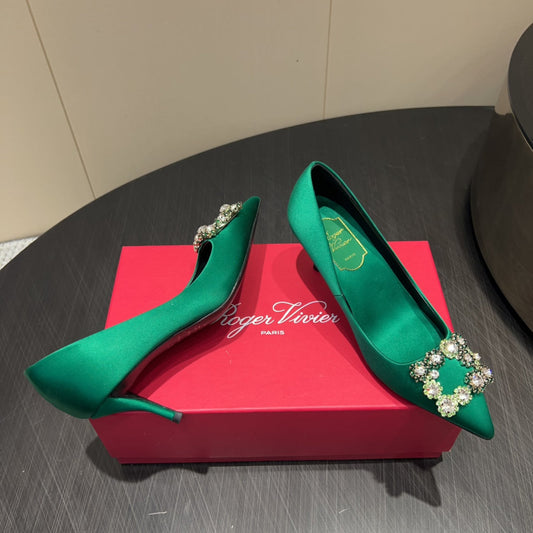 ROGER VIVIER 25S POINTED TOE HIGH HEELS 70MM IN TEAL GREEN SILK EMBELLISHED CRYSTALS - 34