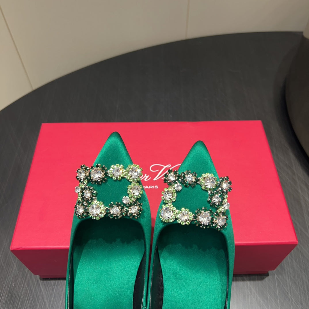 ROGER VIVIER 25S POINTED TOE HIGH HEELS 70MM IN TEAL GREEN SILK EMBELLISHED CRYSTALS - 34