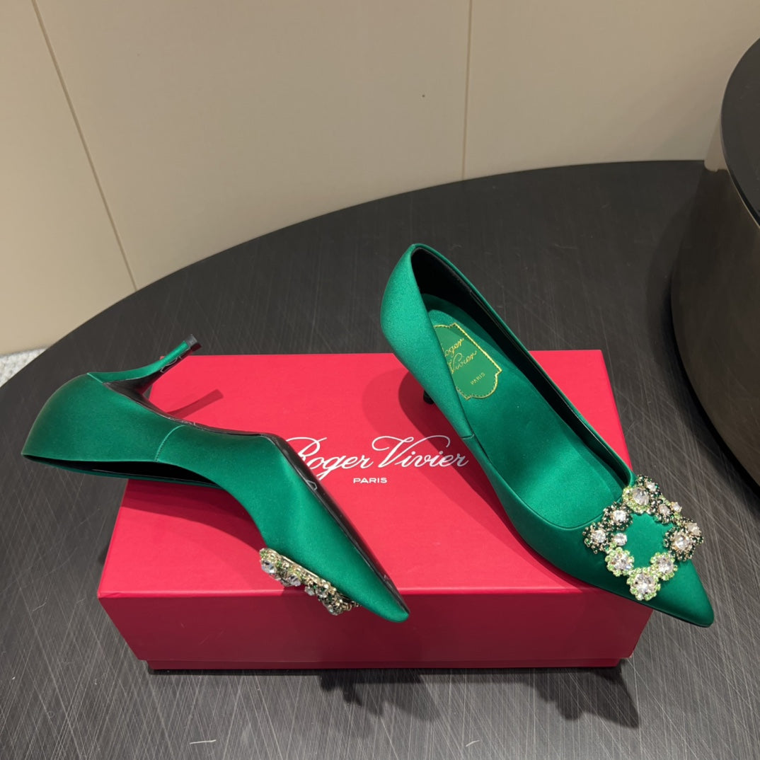 ROGER VIVIER 25S POINTED TOE HIGH HEELS 70MM IN TEAL GREEN SILK EMBELLISHED CRYSTALS - 34