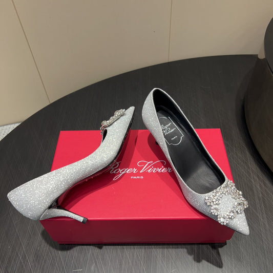 ROGER VIVIER 25S POINTED TOE HIGH HEELS 70MM IN BLING SILVER EMBELLISHED CRYSTALS - 34