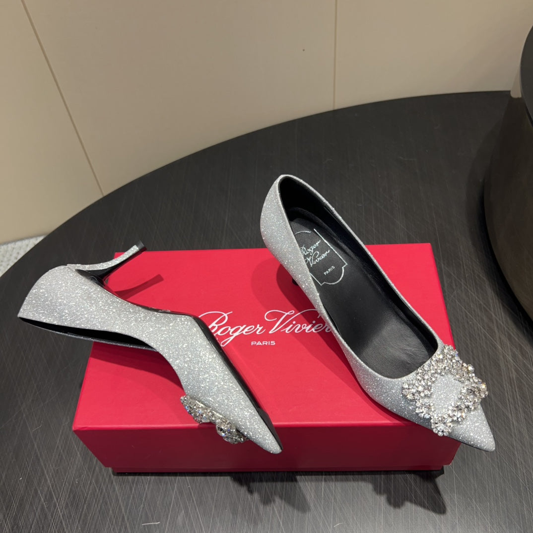 ROGER VIVIER 25S POINTED TOE HIGH HEELS 70MM IN BLING SILVER EMBELLISHED CRYSTALS - 34