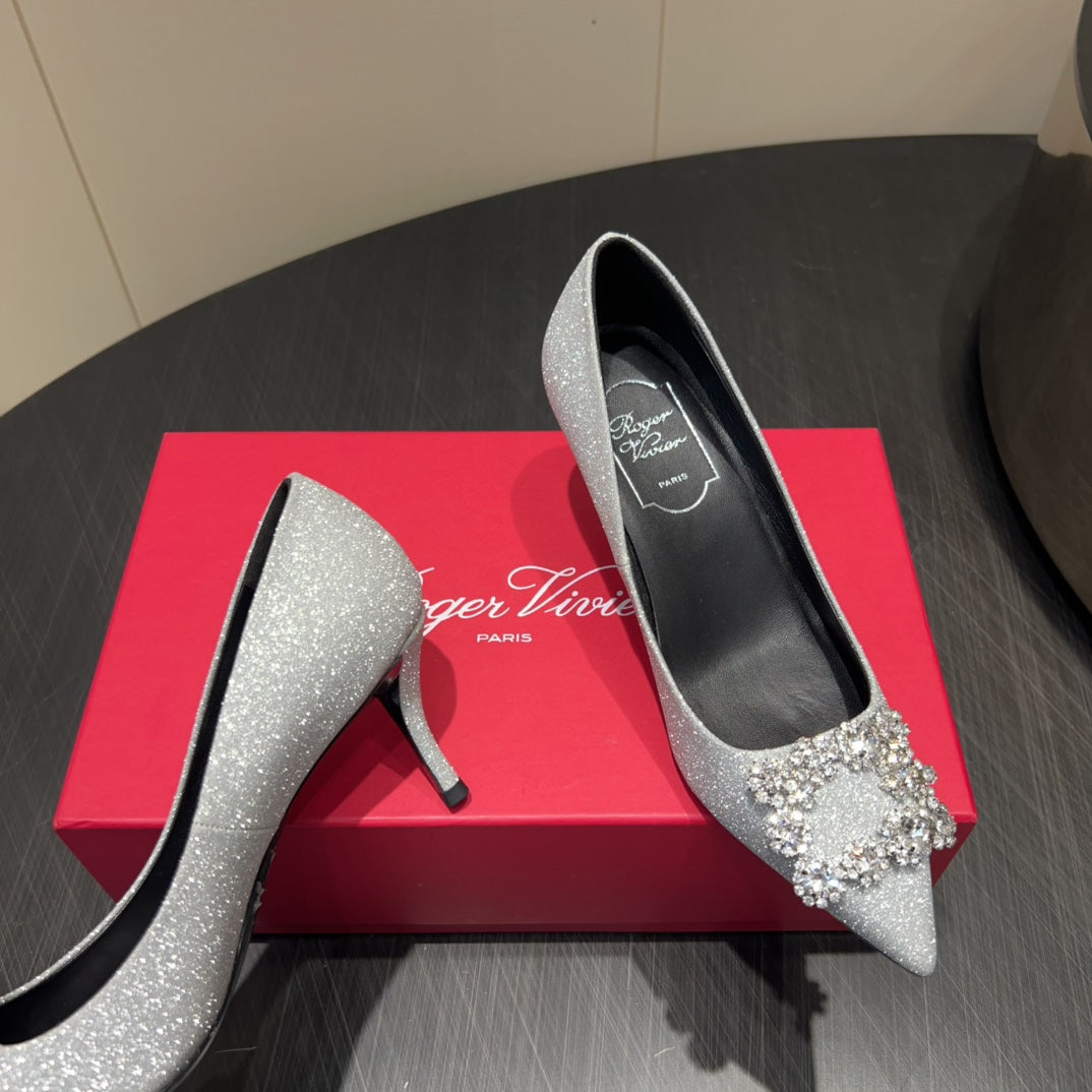 ROGER VIVIER 25S POINTED TOE HIGH HEELS 70MM IN BLING SILVER EMBELLISHED CRYSTALS - 34