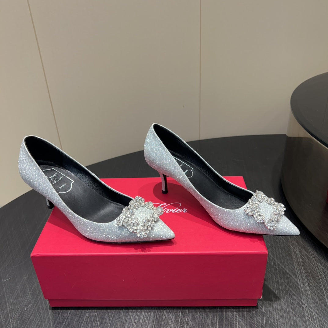 ROGER VIVIER 25S POINTED TOE HIGH HEELS 70MM IN BLING SILVER EMBELLISHED CRYSTALS - 34