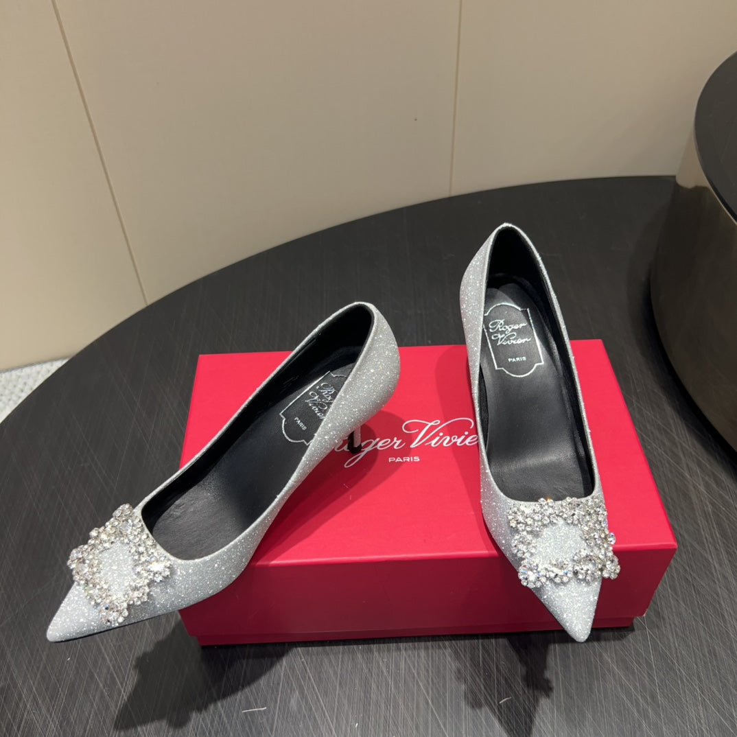 ROGER VIVIER 25S POINTED TOE HIGH HEELS 70MM IN BLING SILVER EMBELLISHED CRYSTALS - 34