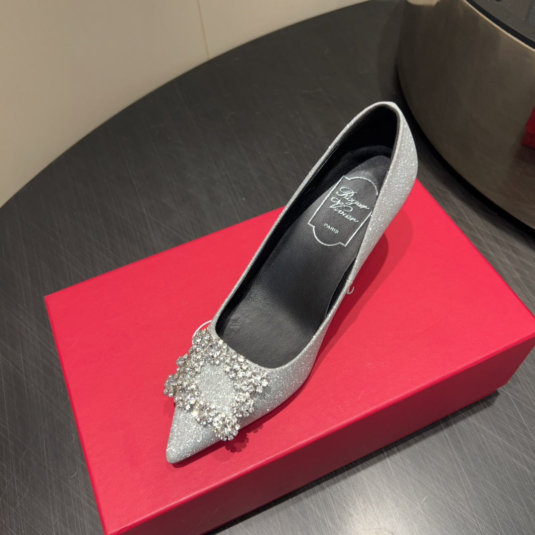 ROGER VIVIER 25S POINTED TOE HIGH HEELS 70MM IN BLING SILVER EMBELLISHED CRYSTALS - 34