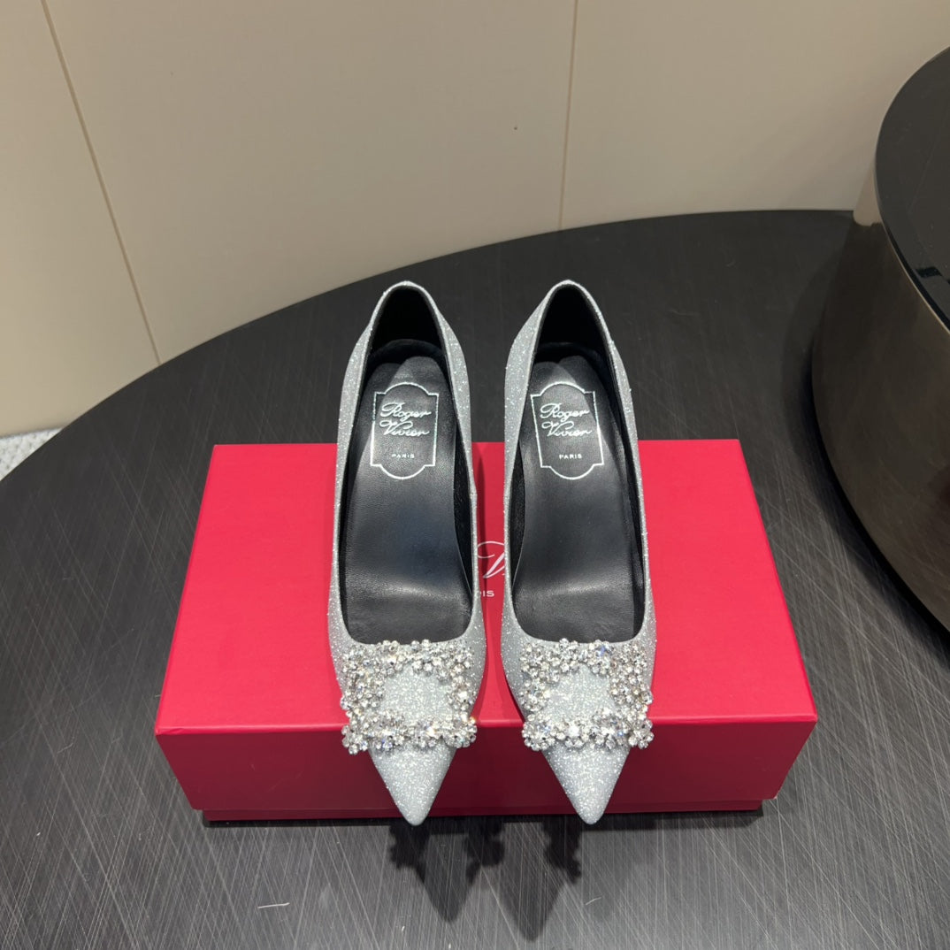 ROGER VIVIER 25S POINTED TOE HIGH HEELS 70MM IN BLING SILVER EMBELLISHED CRYSTALS - 34