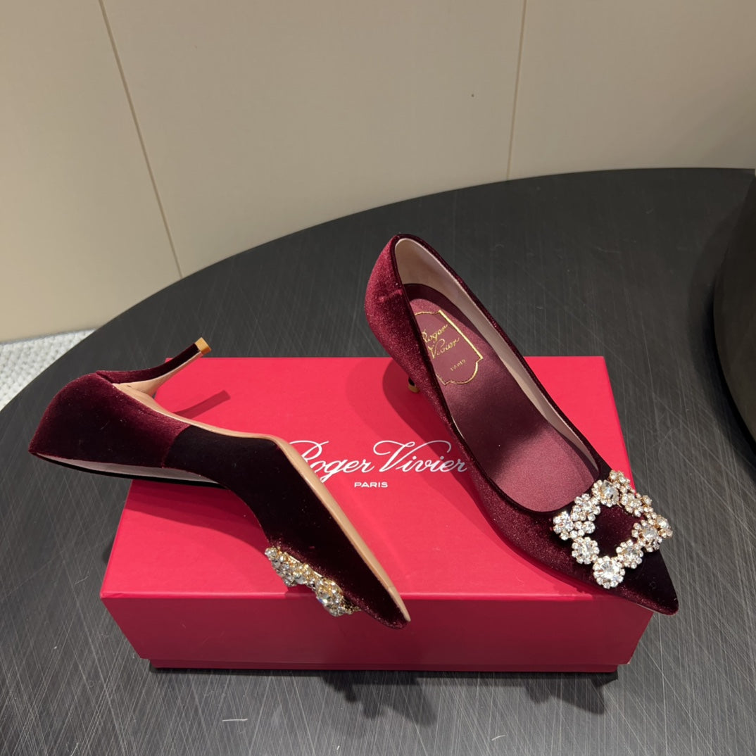 ROGER VIVIER 25S POINTED TOE HIGH HEELS 70MM IN WINE RED VELVET EMBELLISHED CRYSTALS - 34