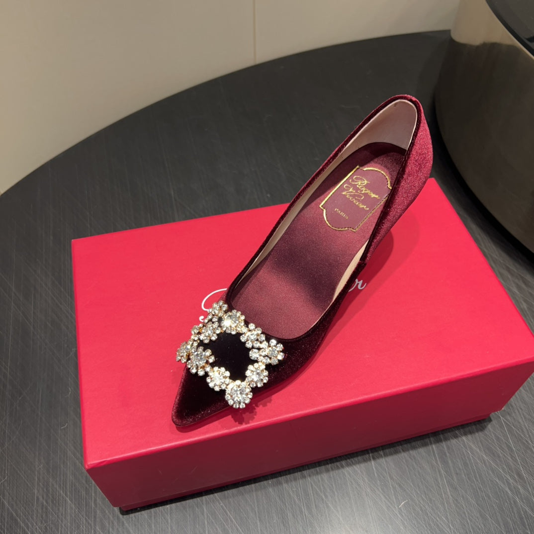 ROGER VIVIER 25S POINTED TOE HIGH HEELS 70MM IN WINE RED VELVET EMBELLISHED CRYSTALS - 34
