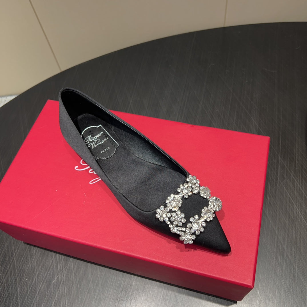 ROGER VIVIER 25S GRETE BALLET FLATS IN BLACK SILK WITH EMBELLISHED CRYSTALS - 34