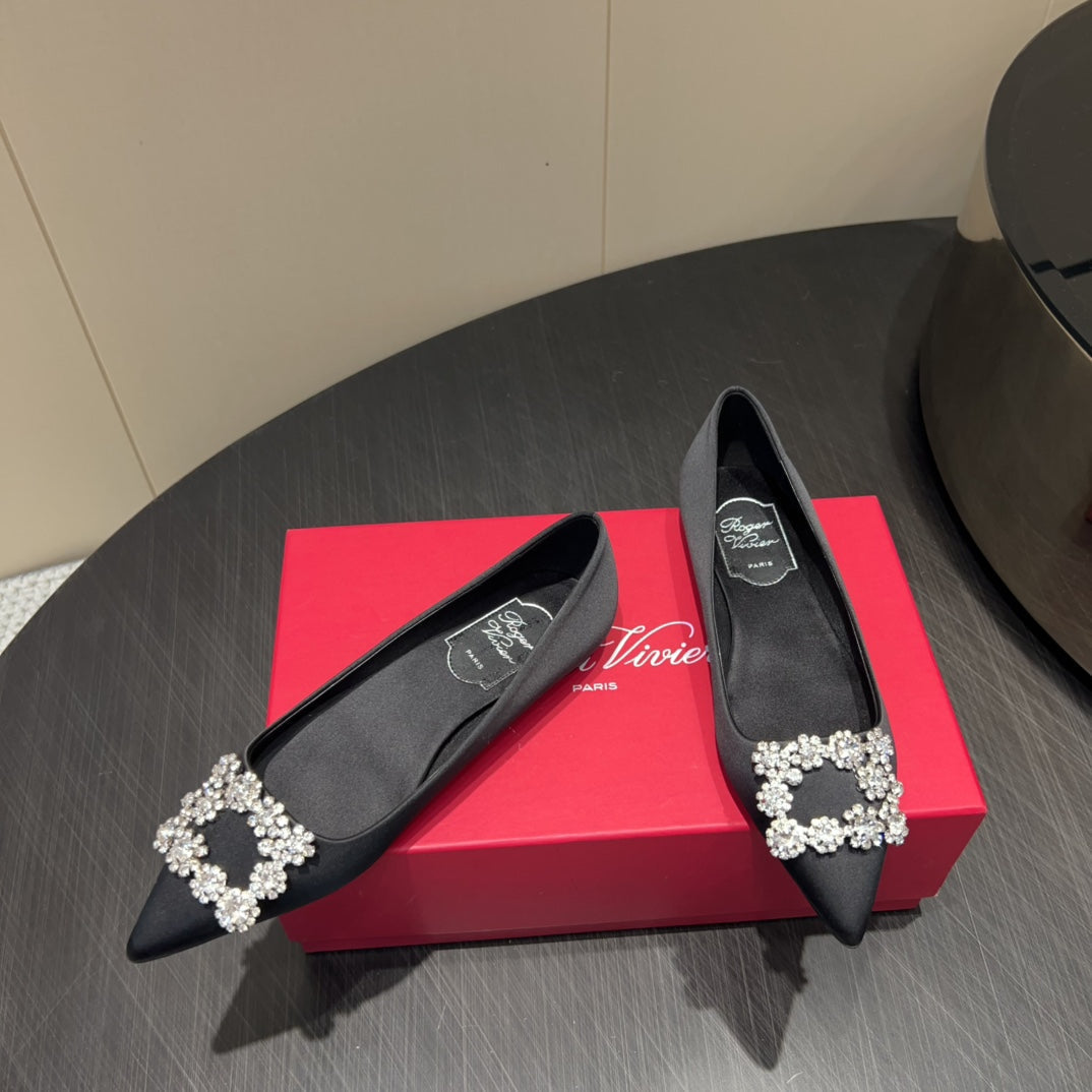 ROGER VIVIER 25S GRETE BALLET FLATS IN BLACK SILK WITH EMBELLISHED CRYSTALS - 34