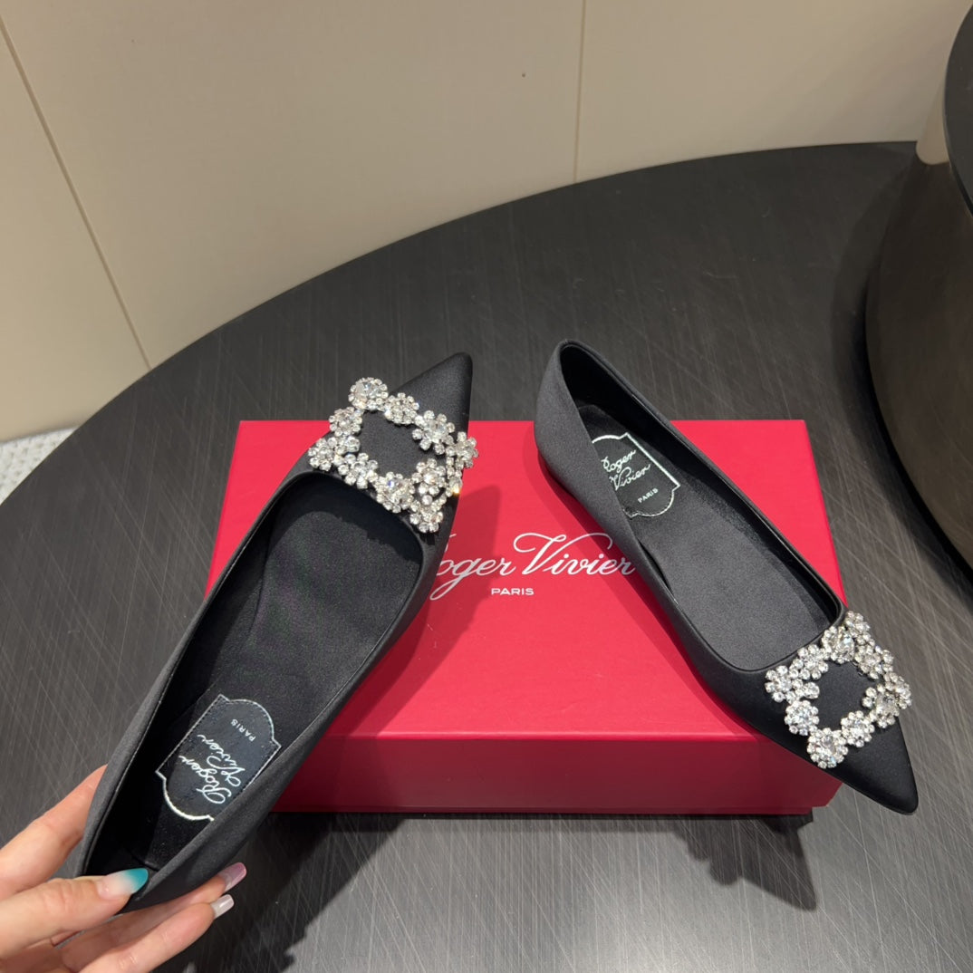 ROGER VIVIER 25S GRETE BALLET FLATS IN BLACK SILK WITH EMBELLISHED CRYSTALS - 34