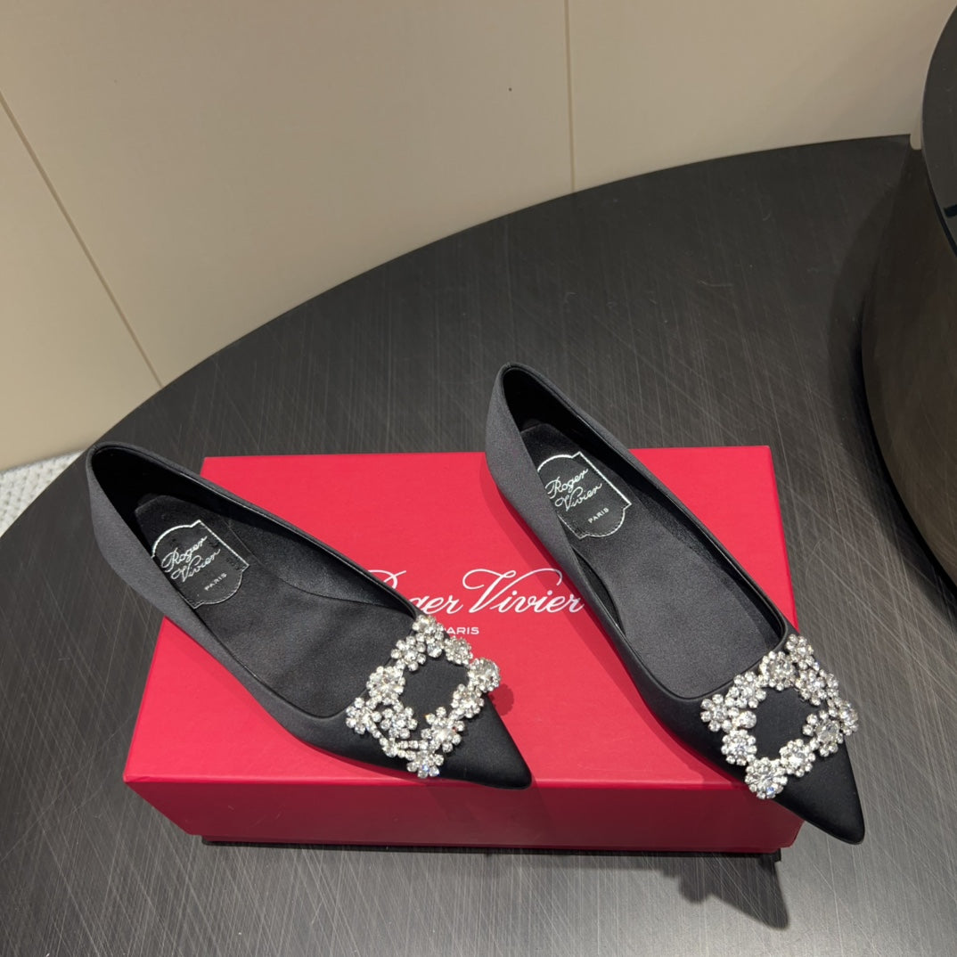 ROGER VIVIER 25S GRETE BALLET FLATS IN BLACK SILK WITH EMBELLISHED CRYSTALS - 34