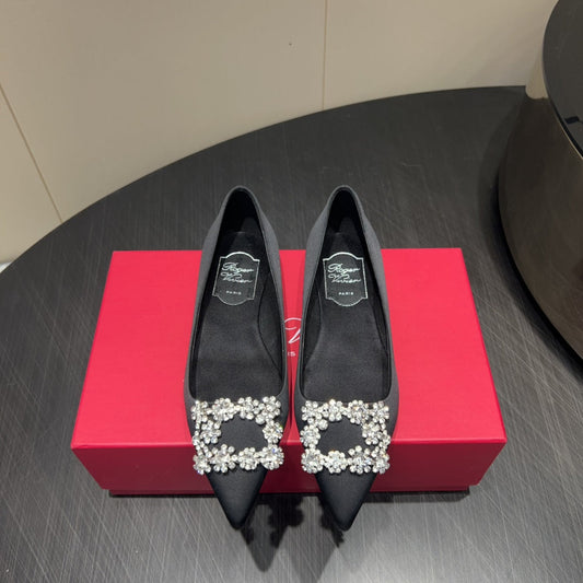ROGER VIVIER 25S GRETE BALLET FLATS IN BLACK SILK WITH EMBELLISHED CRYSTALS - 34