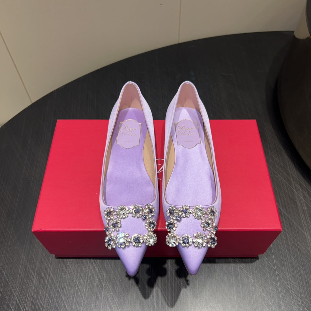 ROGER VIVIER 25S GRETE BALLET FLATS IN LAVENDER SILK WITH EMBELLISHED CRYSTALS - 34