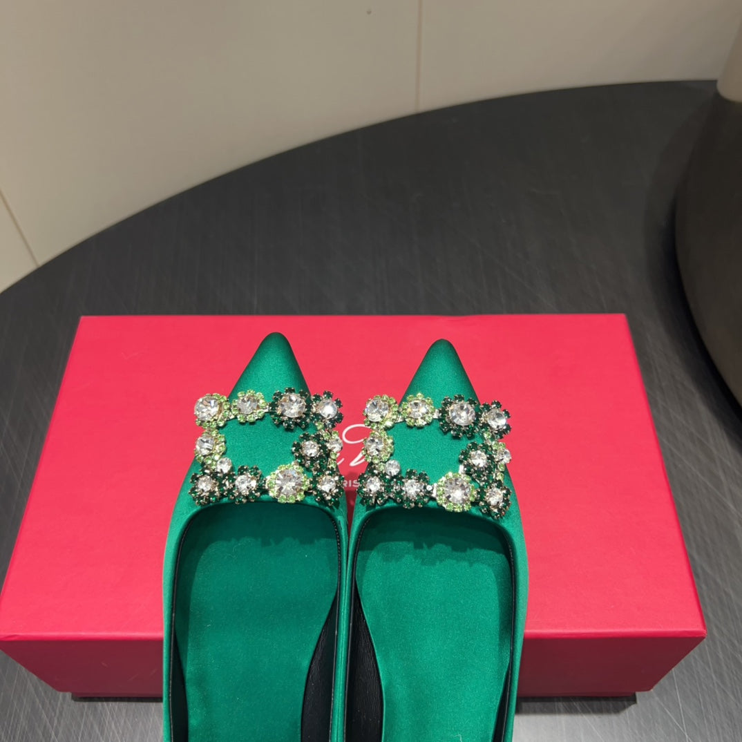 ROGER VIVIER 25S GRETE BALLET FLATS IN TEAL GREEN SILK WITH EMBELLISHED CRYSTALS - 34