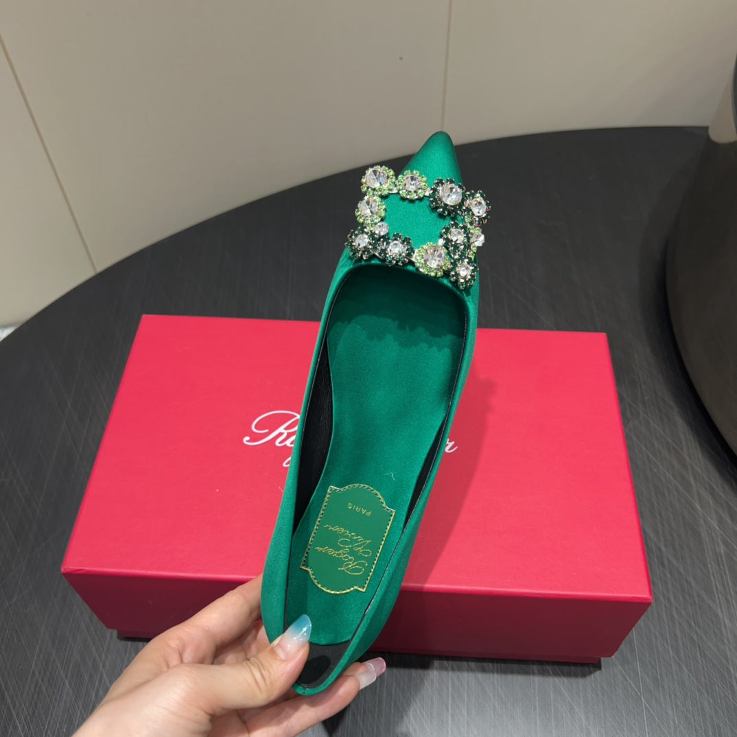 ROGER VIVIER 25S GRETE BALLET FLATS IN TEAL GREEN SILK WITH EMBELLISHED CRYSTALS - 34