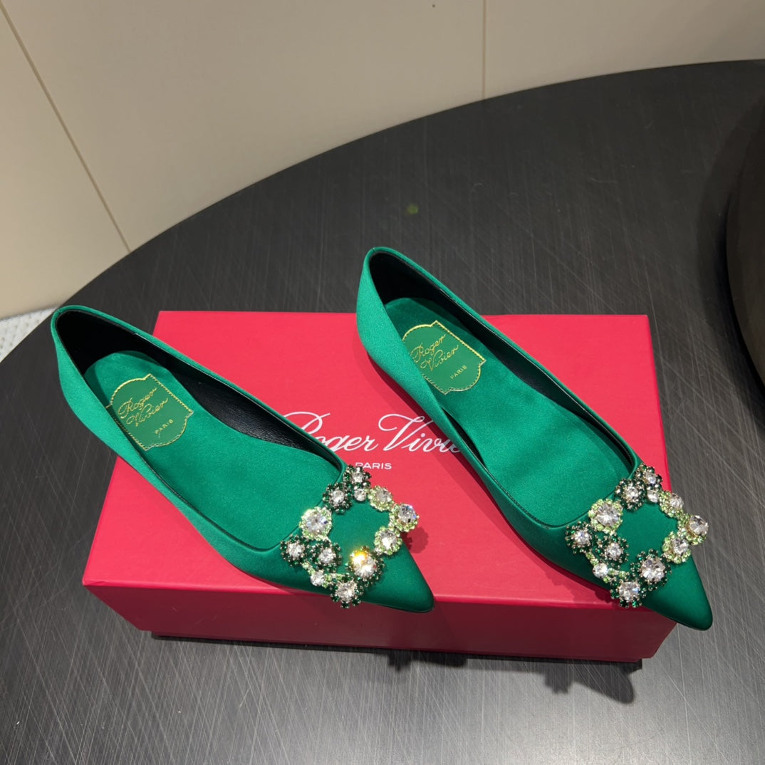 ROGER VIVIER 25S GRETE BALLET FLATS IN TEAL GREEN SILK WITH EMBELLISHED CRYSTALS - 34