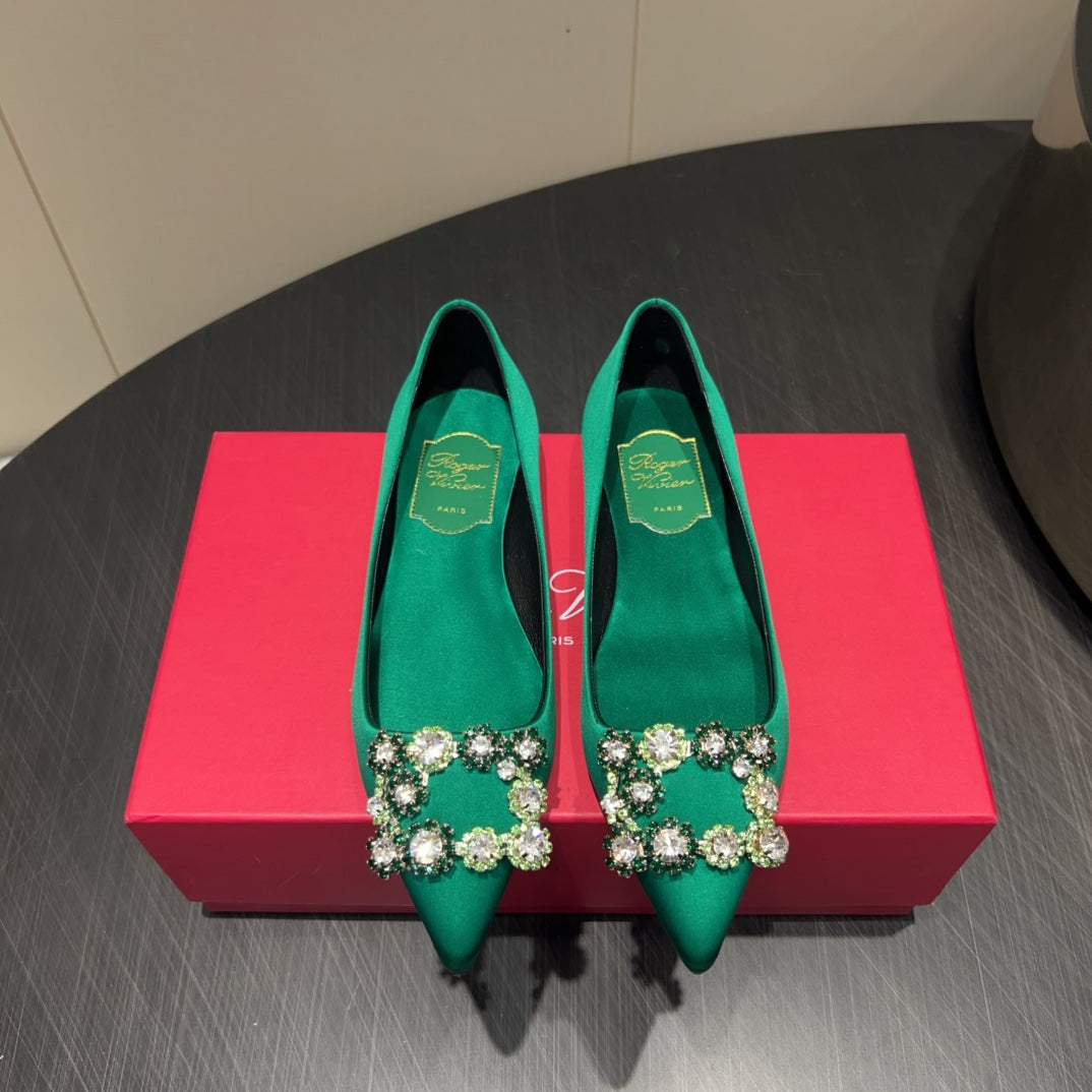 ROGER VIVIER 25S GRETE BALLET FLATS IN TEAL GREEN SILK WITH EMBELLISHED CRYSTALS - 34