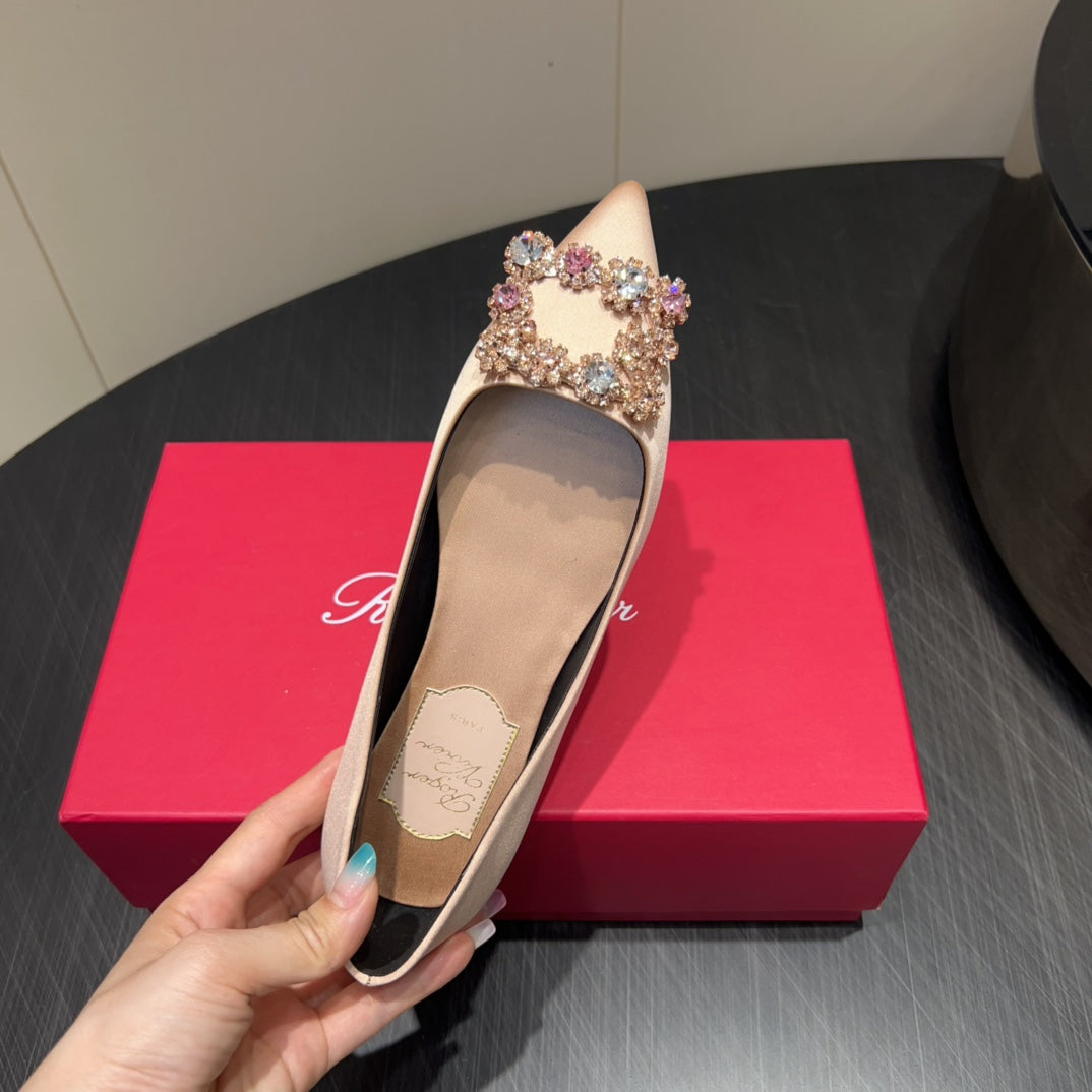 ROGER VIVIER 25S GRETE BALLET FLATS IN DARK NUDE SILK WITH EMBELLISHED CRYSTALS - 34
