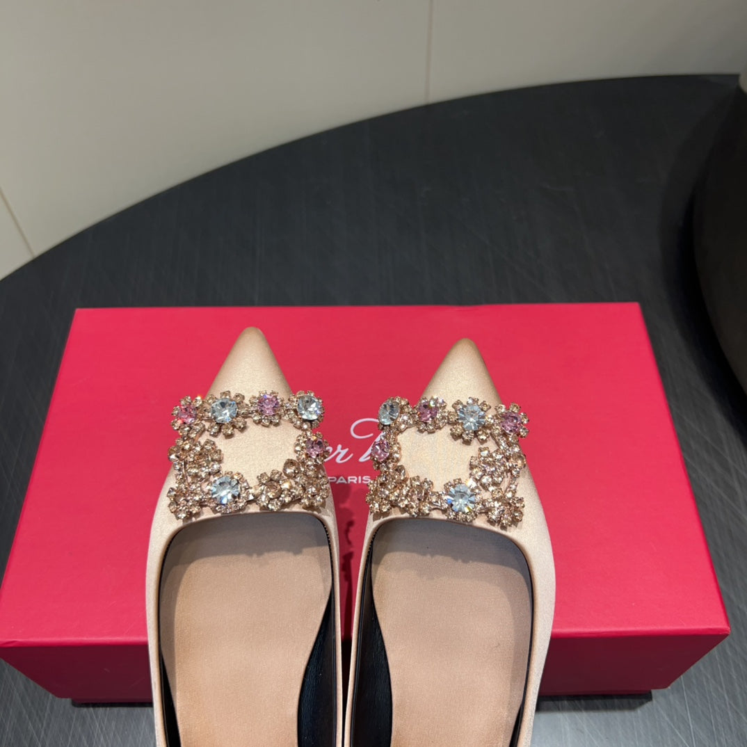 ROGER VIVIER 25S GRETE BALLET FLATS IN DARK NUDE SILK WITH EMBELLISHED CRYSTALS - 34