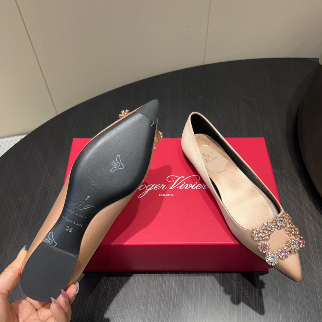 ROGER VIVIER 25S GRETE BALLET FLATS IN DARK NUDE SILK WITH EMBELLISHED CRYSTALS - 34
