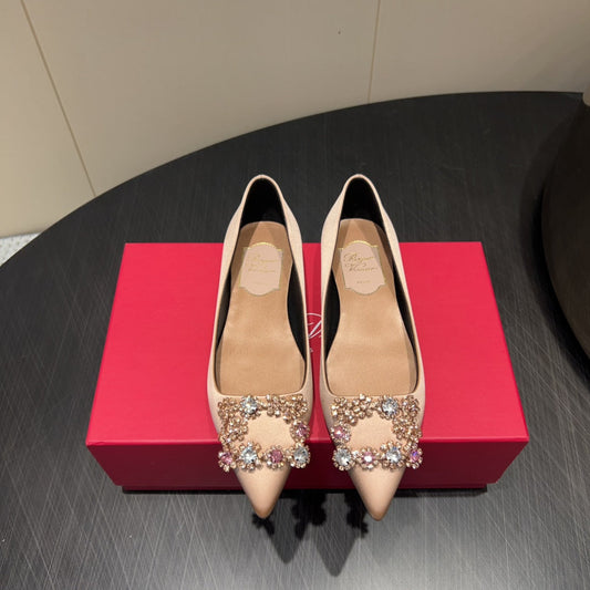 ROGER VIVIER 25S GRETE BALLET FLATS IN DARK NUDE SILK WITH EMBELLISHED CRYSTALS - 34
