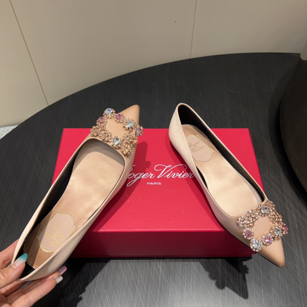 ROGER VIVIER 25S GRETE BALLET FLATS IN DARK NUDE SILK WITH EMBELLISHED CRYSTALS - 34
