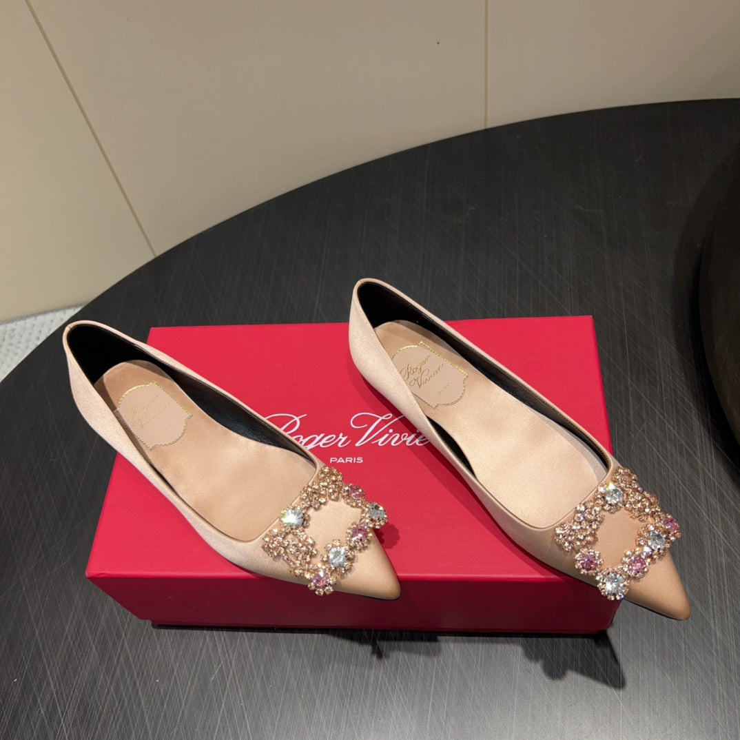 ROGER VIVIER 25S GRETE BALLET FLATS IN DARK NUDE SILK WITH EMBELLISHED CRYSTALS - 34