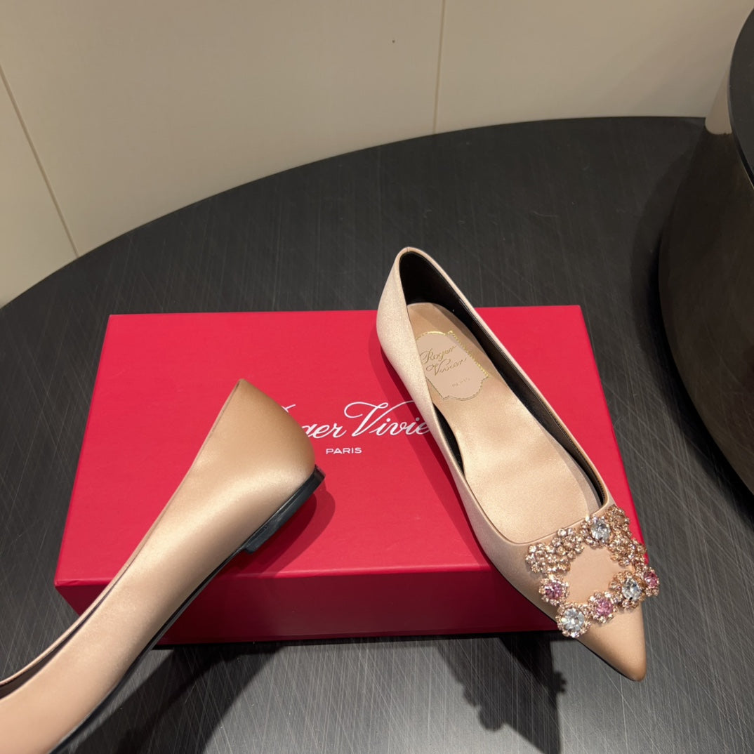 ROGER VIVIER 25S GRETE BALLET FLATS IN DARK NUDE SILK WITH EMBELLISHED CRYSTALS - 34