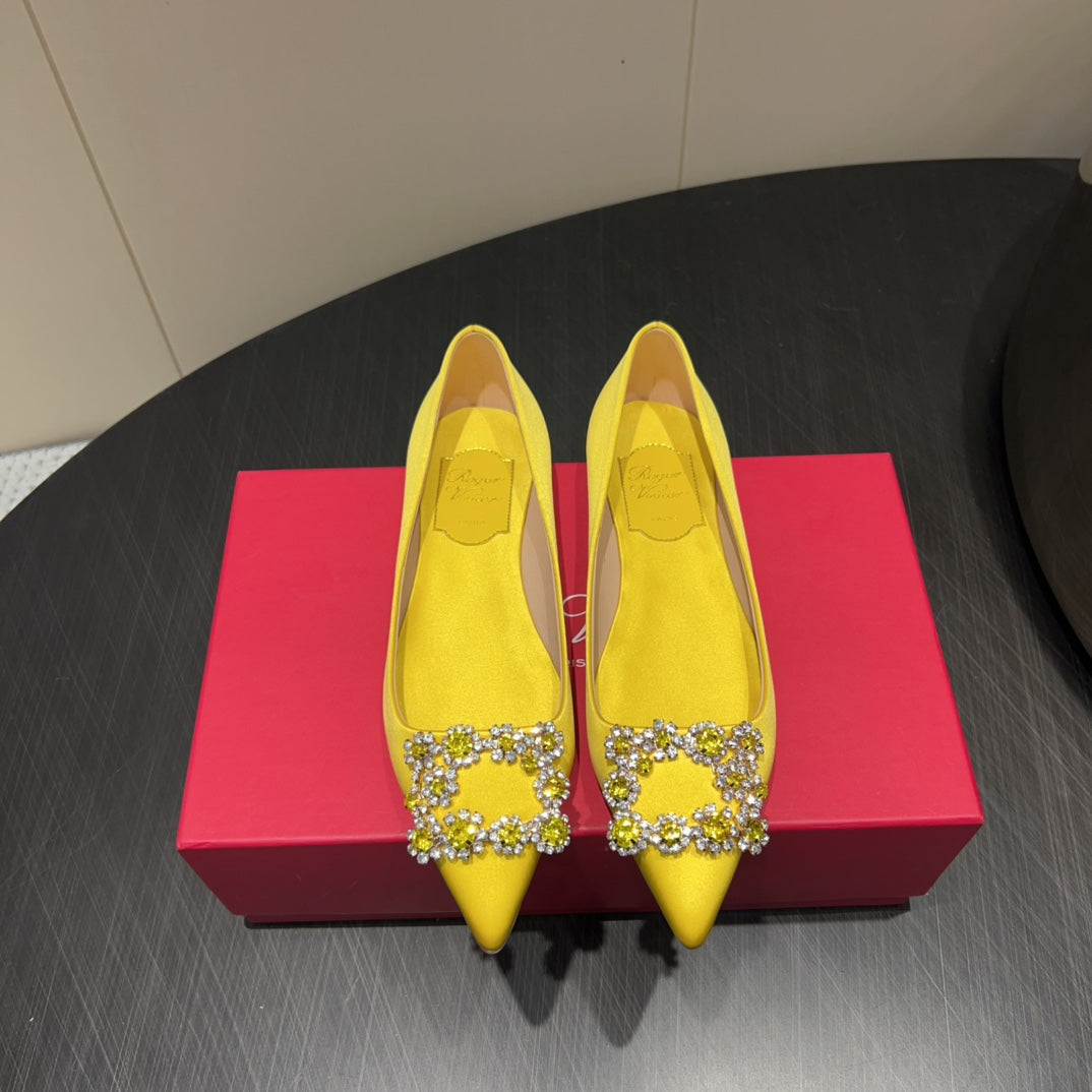ROGER VIVIER 25S GRETE BALLET FLATS IN BRIGHT YELLOW SILK WITH EMBELLISHED CRYSTALS - 34