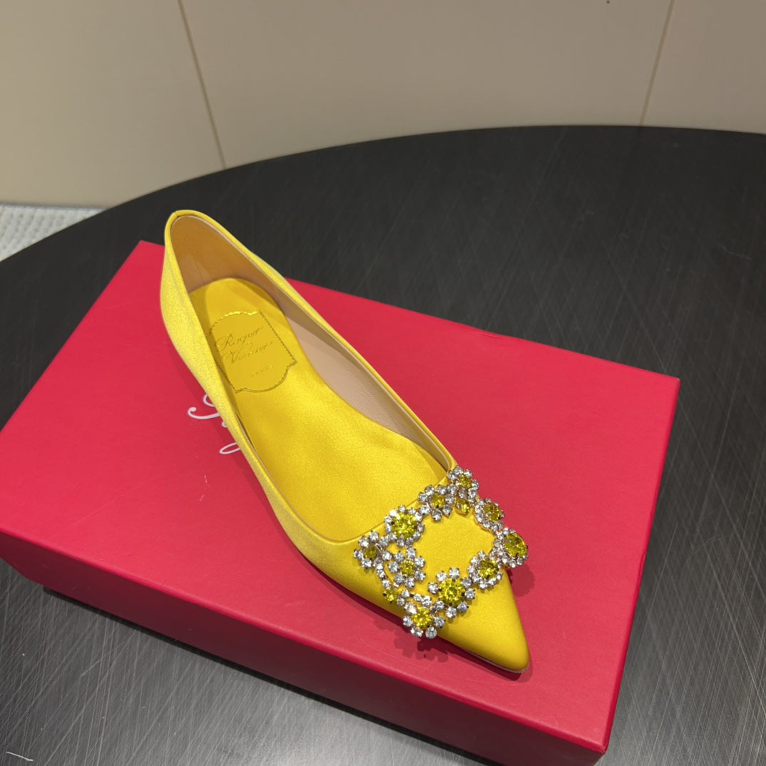 ROGER VIVIER 25S GRETE BALLET FLATS IN BRIGHT YELLOW SILK WITH EMBELLISHED CRYSTALS - 34