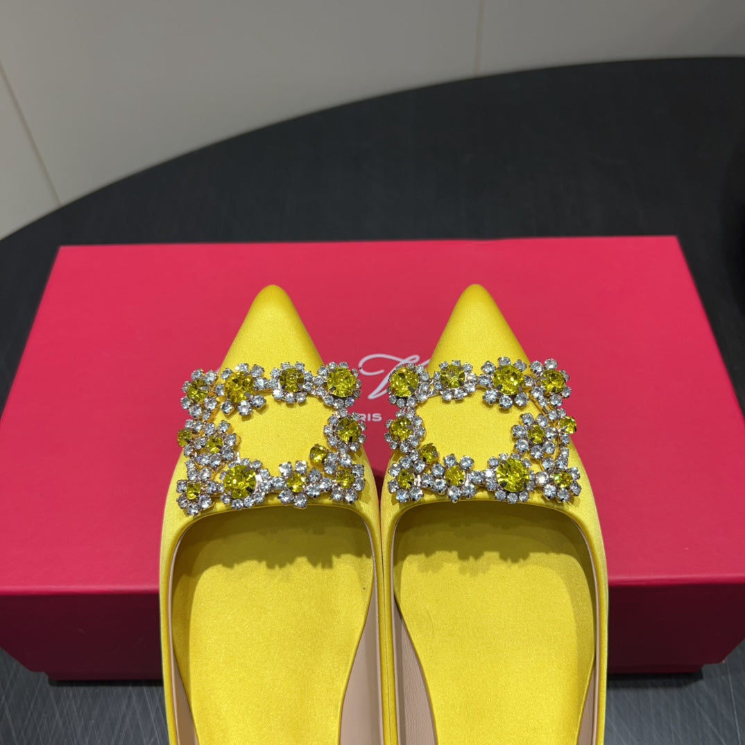 ROGER VIVIER 25S GRETE BALLET FLATS IN BRIGHT YELLOW SILK WITH EMBELLISHED CRYSTALS - 34