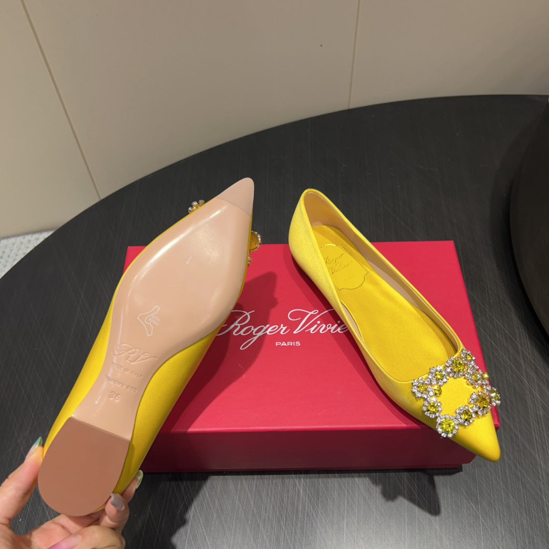 ROGER VIVIER 25S GRETE BALLET FLATS IN BRIGHT YELLOW SILK WITH EMBELLISHED CRYSTALS - 34