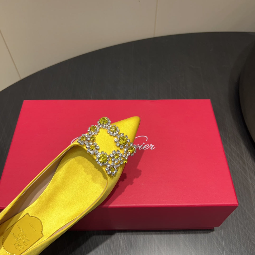 ROGER VIVIER 25S GRETE BALLET FLATS IN BRIGHT YELLOW SILK WITH EMBELLISHED CRYSTALS - 34