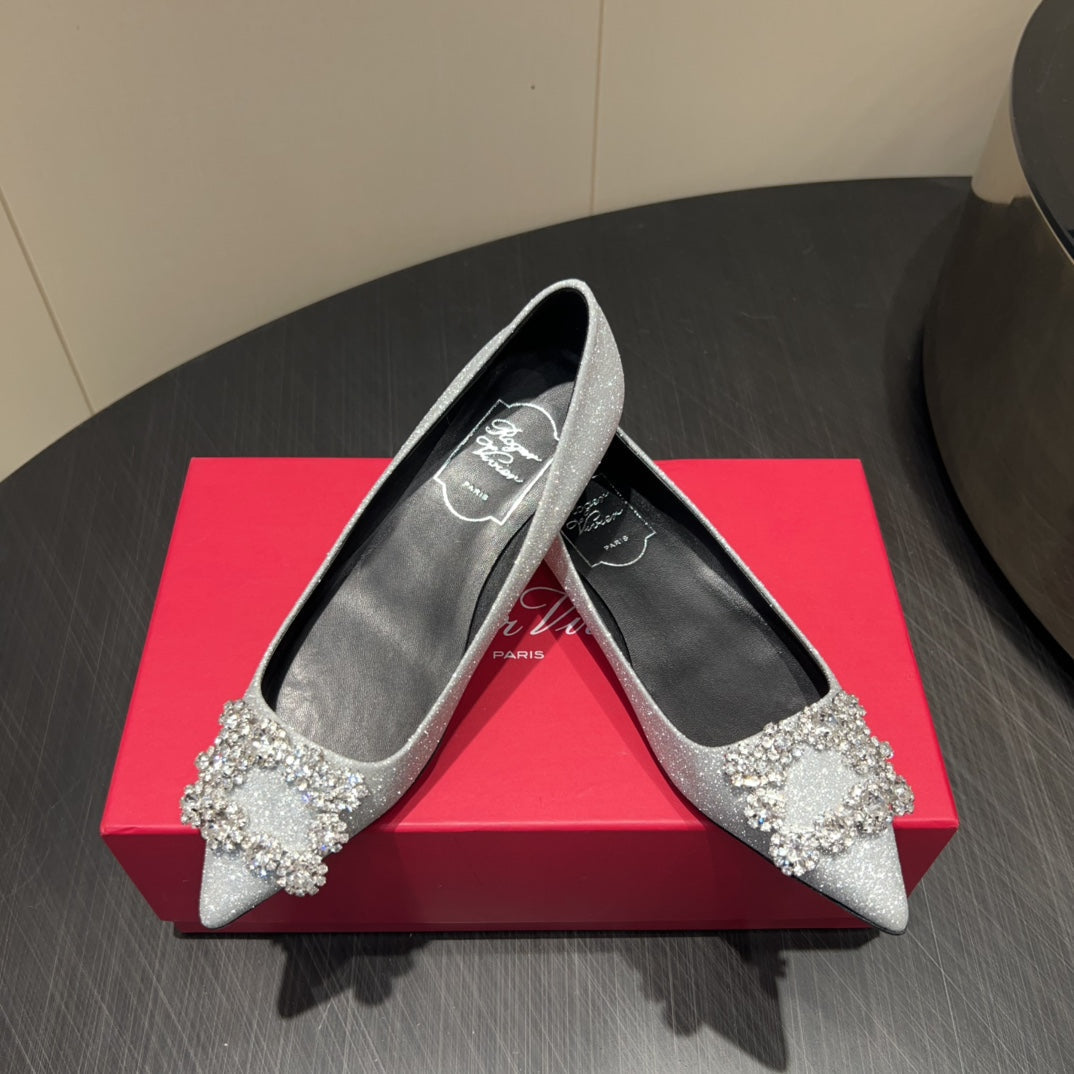 ROGER VIVIER 25S GRETE BALLET FLATS IN BLING SILVER EMBELLISHED CRYSTALS - 34