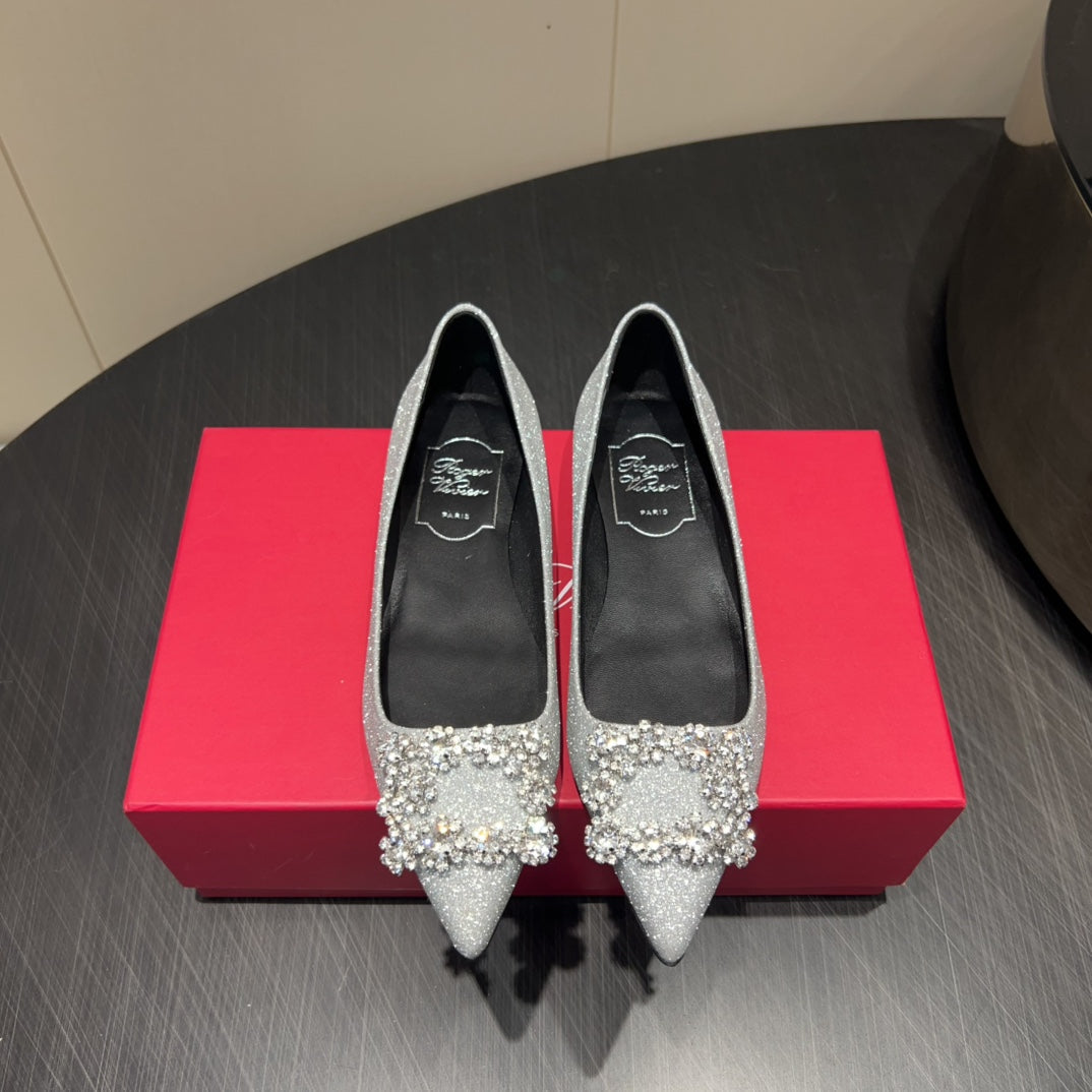 ROGER VIVIER 25S GRETE BALLET FLATS IN BLING SILVER EMBELLISHED CRYSTALS - 34