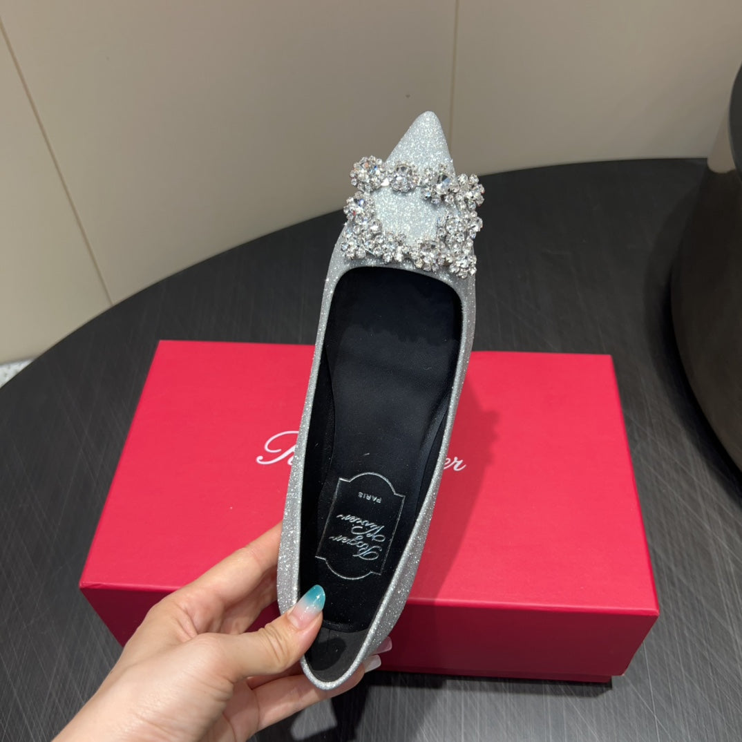 ROGER VIVIER 25S GRETE BALLET FLATS IN BLING SILVER EMBELLISHED CRYSTALS - 34