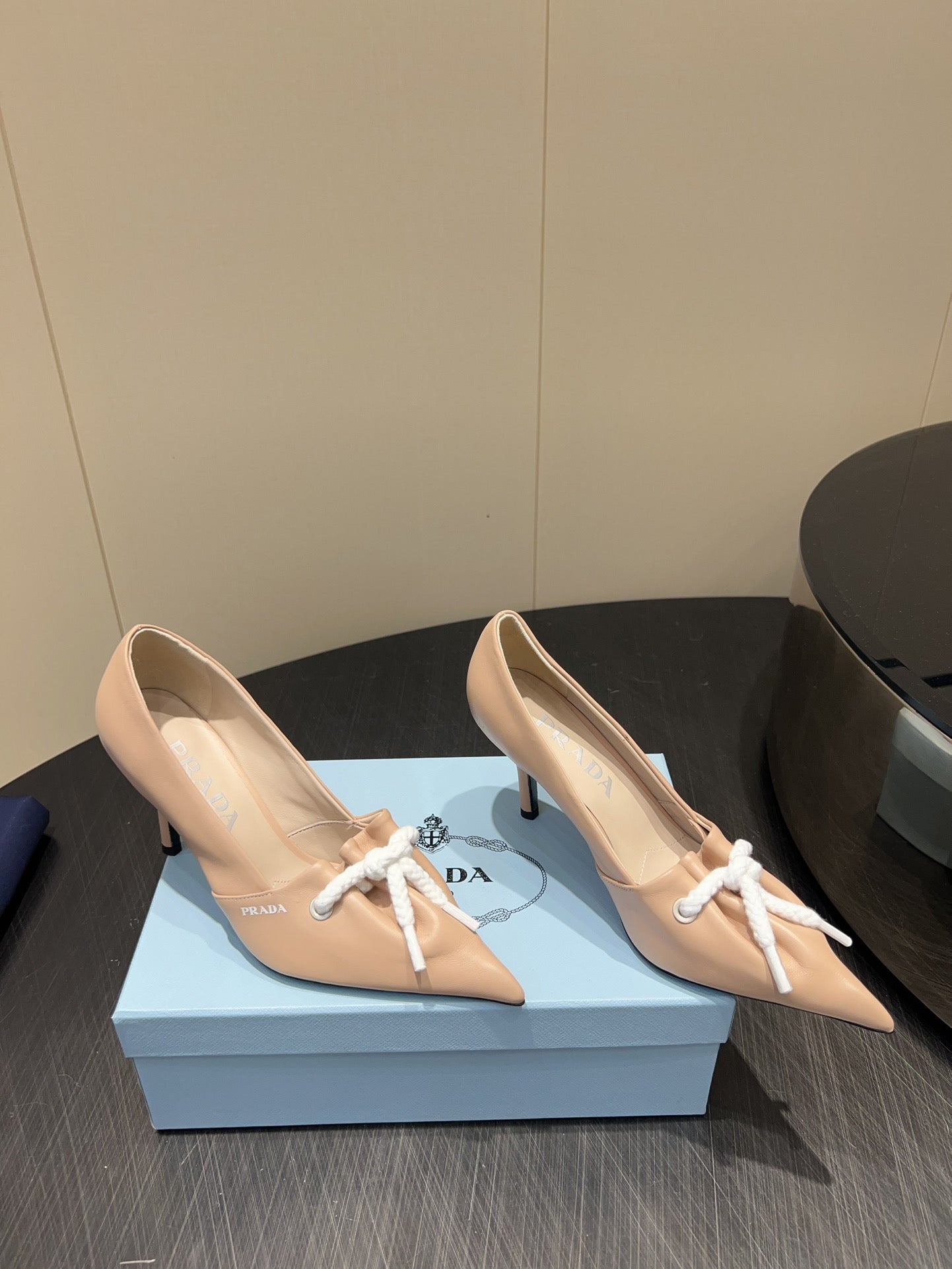 PRADA 25S POINTED TOE HIGH HEELS 85MM IN BEIGE LAMBSKIN WITH TIE UP DESIGN - 35