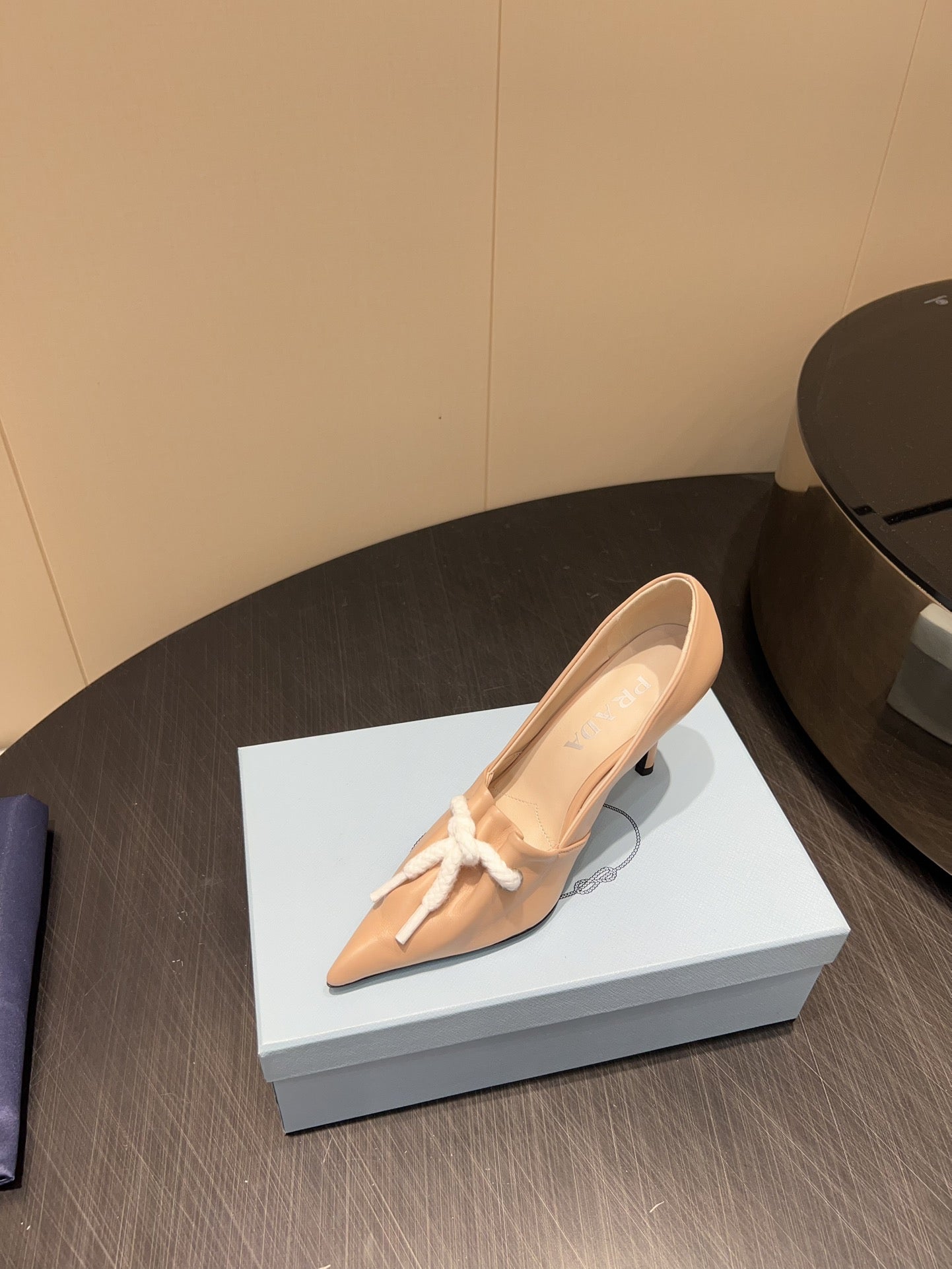 PRADA 25S POINTED TOE HIGH HEELS 85MM IN BEIGE LAMBSKIN WITH TIE UP DESIGN - 35